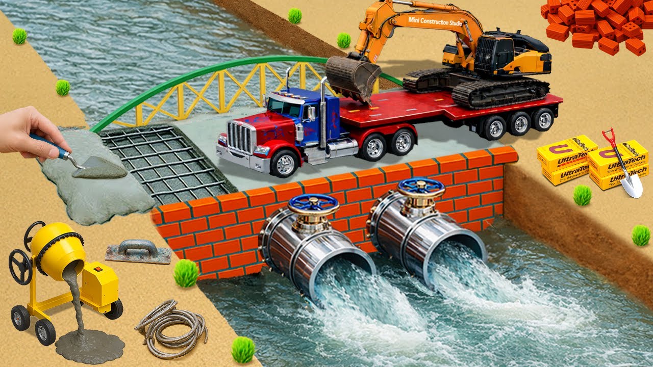 Severe landslide | Mini tractor builds a modern bridge with two water drainage gates