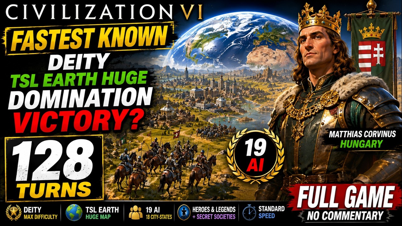 CIV 6 - Deity TSL Earth HUGE - Domination Victory in 128 Turns - FULL GAME - (60FPS | No Commentary)
