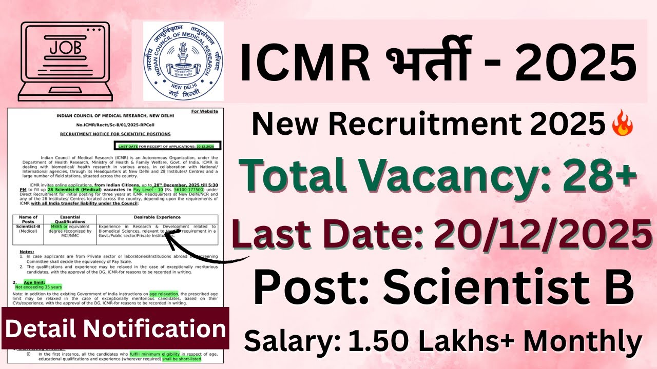 ICMR Scientist B Recruitment 2025 - Apply Online for 28 Posts