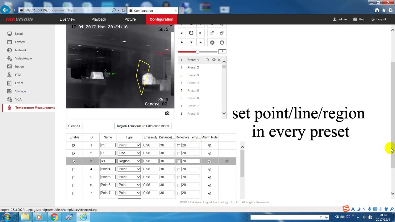How to configure temperature measurement of thermal camera