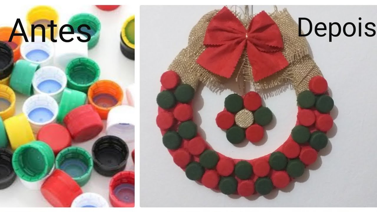 Guirlanda de Natal feita com tampinhas de garrafa.