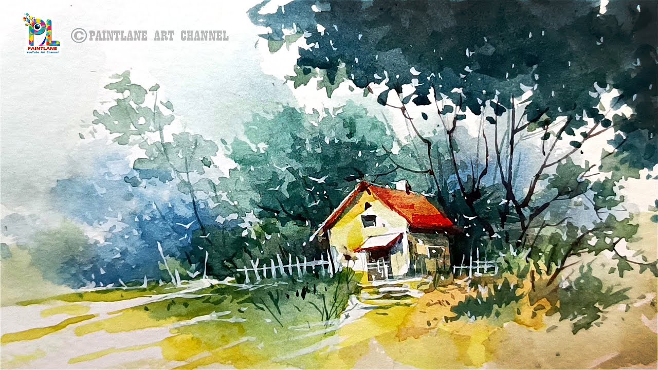 How to Paint House in Landscape with Water Color Painting