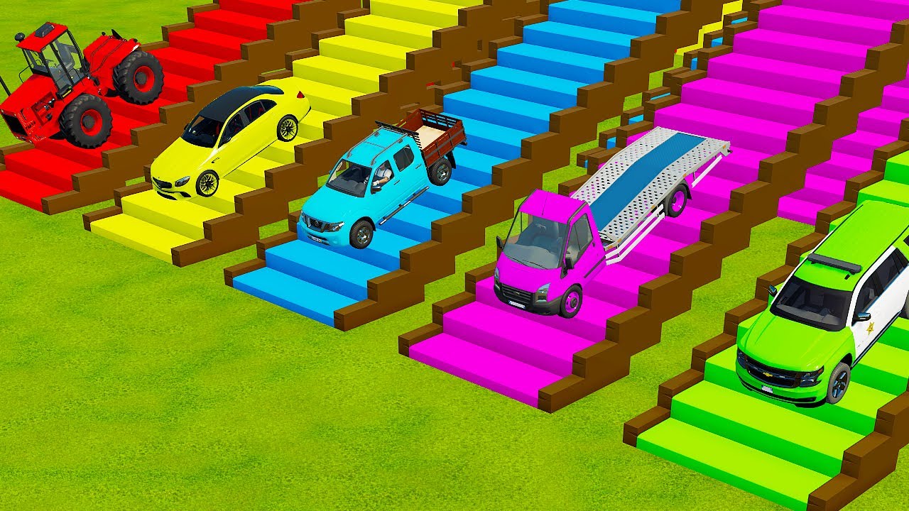 TRANSPORTING FIVE COLOR CARS LIZARD TRACTOR, MERCEDES, NISSAN, FLATBED, TAHOE - Farming Simulator 22