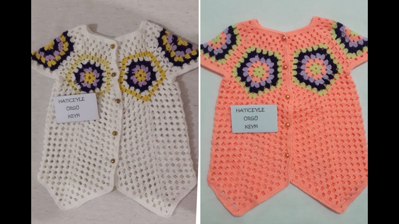 Tığ İşi Renkli Beşgen Motif Süslemeli  Önler Üçgen Çocuk Yeleği Yapımı 2 .3 Yaş
