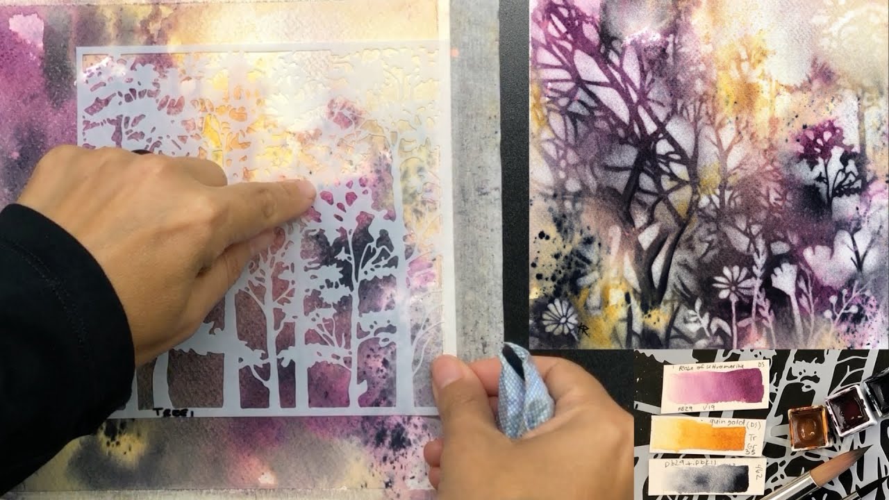 Reverse Stenciling WATERCOLOR abstract landscape - easy & relaxing painting process - 424