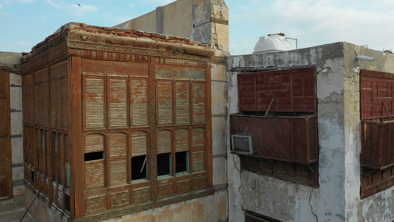 Aerial view of old houses with mashrabiya in al-Balad quarter, Mecca province, Jeddah, Saudi Arabia