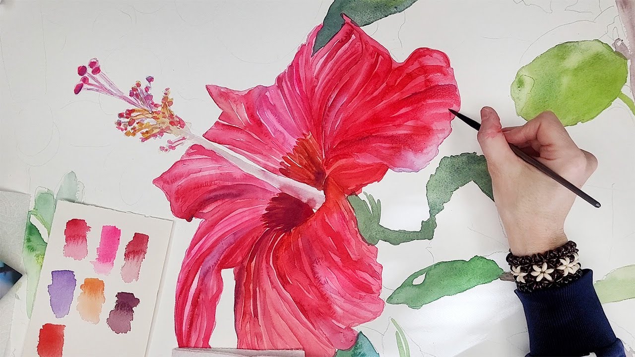 Full Real Time Red Hibiscus Flower Watercolor Painting Tutorial