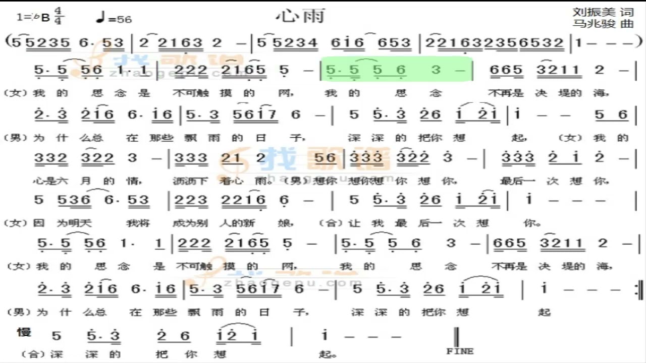 心雨 降B调伴奏 (加小节指示，供参考）- instrumental in B flat with measure marks