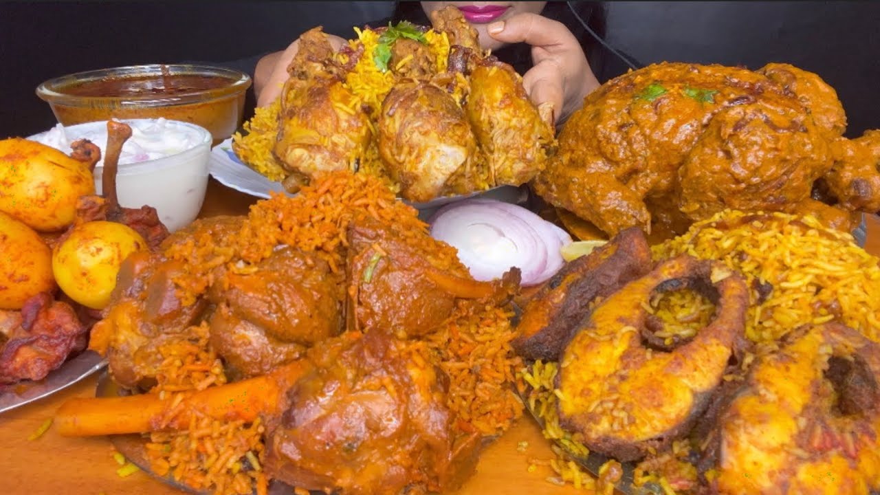 ASMR EATING CHICKEN BIRYANI,MUTTON BIRYANI,FISH BIRYANI,WHOLE CHICKEN CURRY,EATING SHOW* spiceasmr