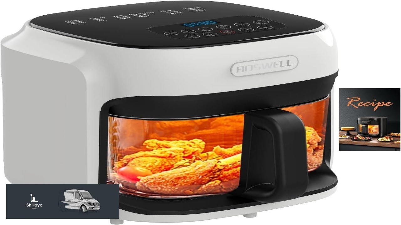 BOSWELL Glass Air Fryer 7.5QT with Transparent Fry Bowl Circulating Heating Temperature