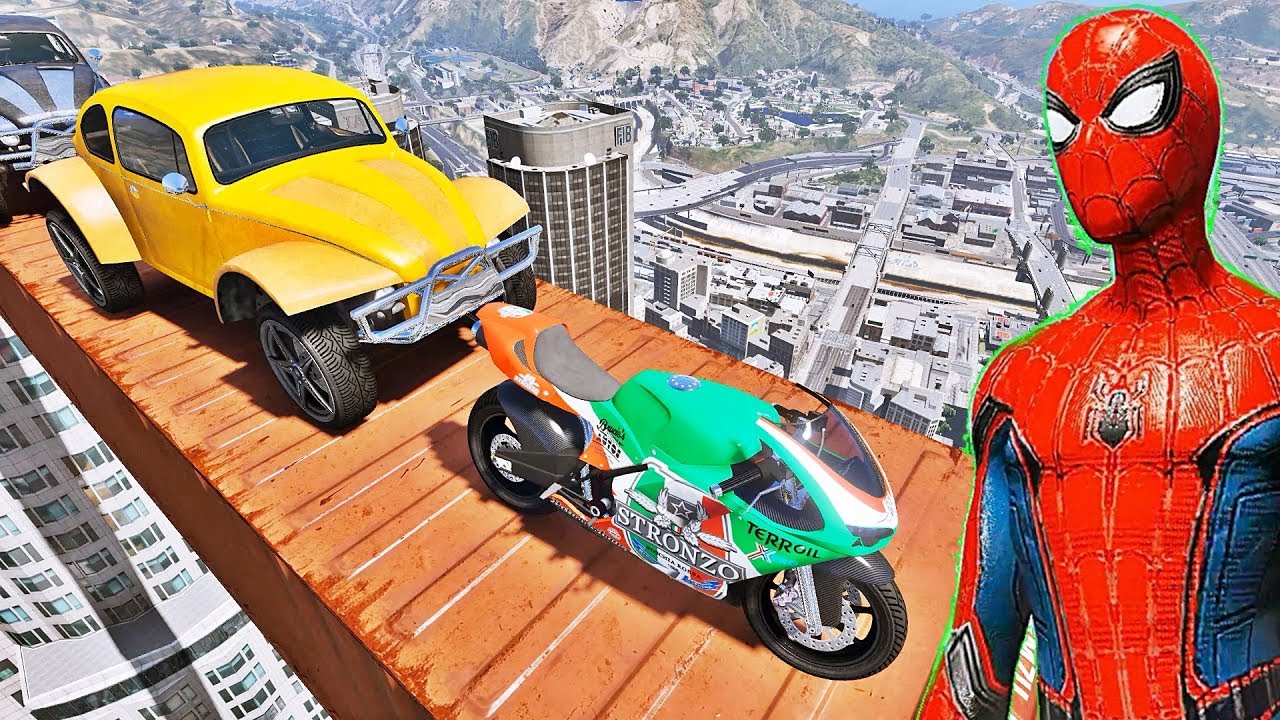 CARROS Fusca e MOTOS com HOMEM ARANHA e SUPER HERÓIS! Desafio de Carros e Motos na Rampa - IR GAMES