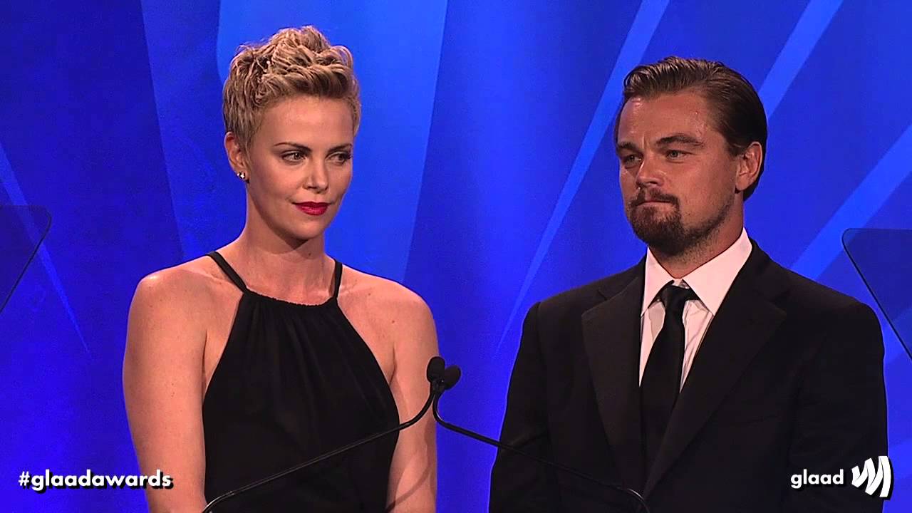 Charlize Theron and Leonardo DiCaprio present award to Steve Warren at the #glaadawards