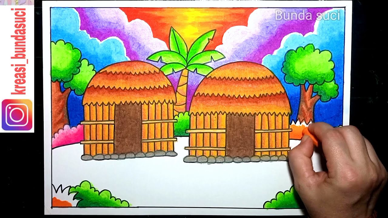 Cara menggambar dan mewarnai Rumah Adat Papua Indonesia - bunda suci