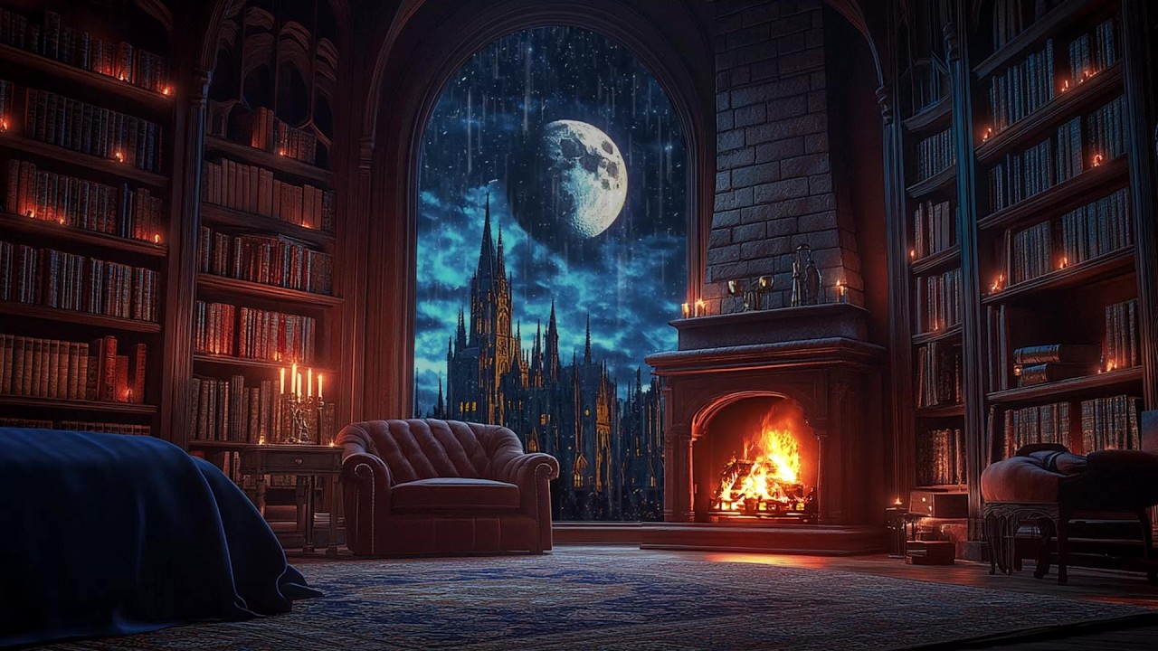 🏰 Rainy Night Outside a Bedroom Window Facing a Castle | Gentle Rain on Glass, Fire | Sleep & Relax