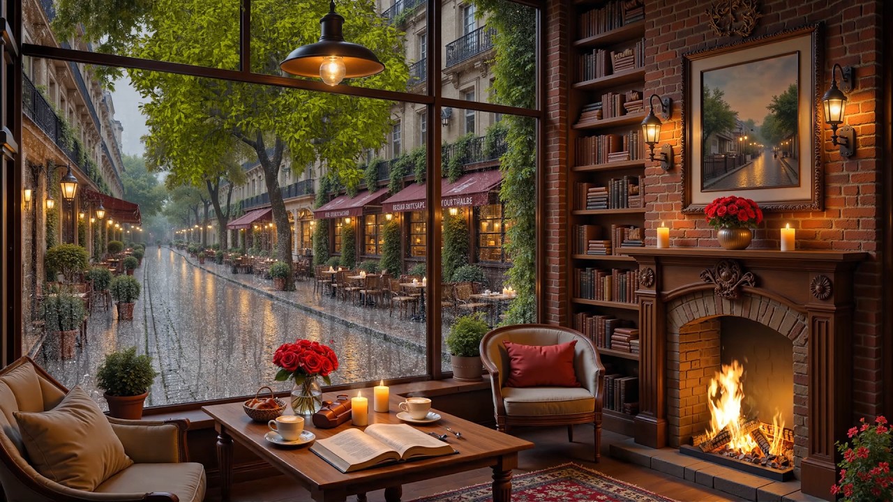 Rainy Day Coffee Shop ☕🌧️ Cozy Soft Jazz Piano & Crackling Fireplace Sounds for Study & Focus