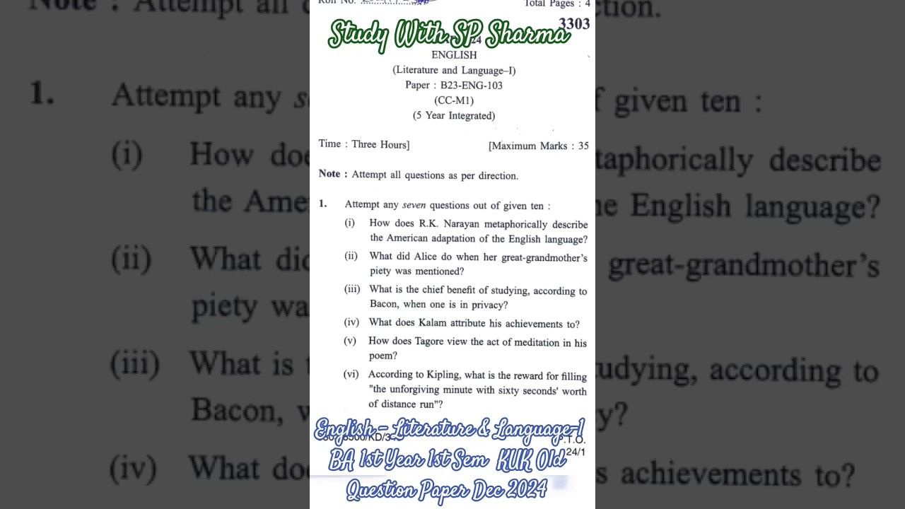 English &ndash; Literature & Language-I  BA 1st Year 1st Sem  KUK Old Question Paper Dec 2024