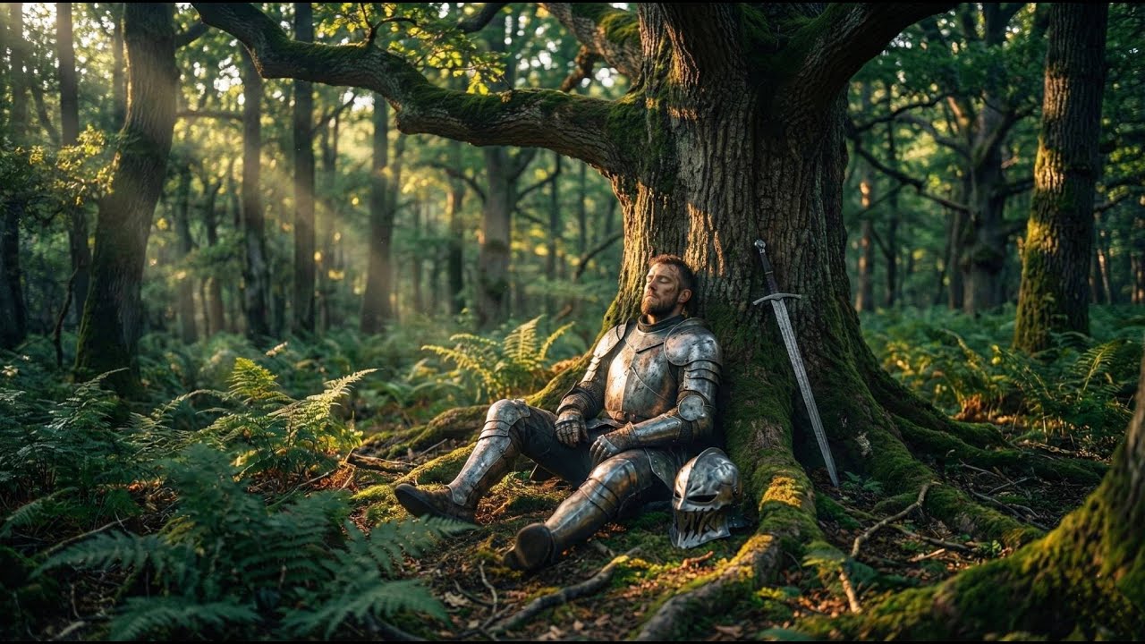 Deep forest sleep: Warrior resting under ancient tree ambience
