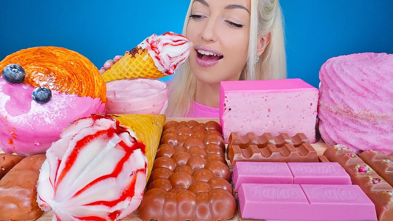 ASMR CHOCOLATE & PINK FOOD, CAKE, ICE CREAM, YOGURT, MARSHMALLOW, MILKA, KITKAT, MUKBANG, 초콜릿 디저트 먹방