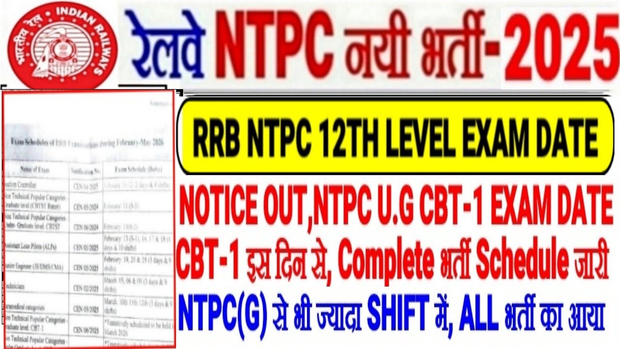RRB NTPC 12TH LEVEL CBT-1 EXAM DATE OUT🔥 इस दिन से NTPC U.G CBT-1 परीक्षा,लो RRB ALL भर्ती EXAM DATE