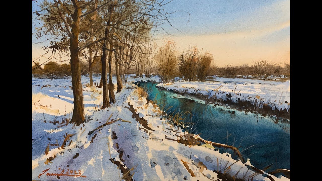 Watercolor painting tutorial - Snowy Scene