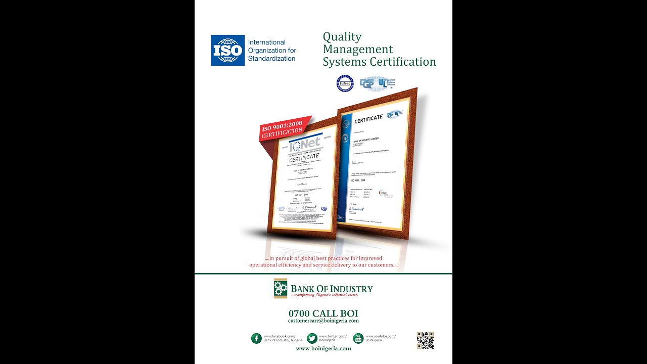 BOI OBTAINS ISO 9001:2008 QUALITY MANAGEMENT SYSTEM CERTIFICATION
