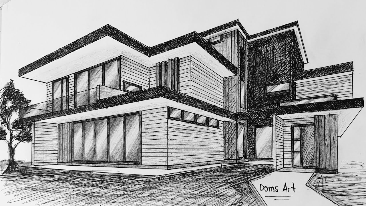 Modern House in 2 Point Perspective | Drawing Tutorial (Parasite movie-House)