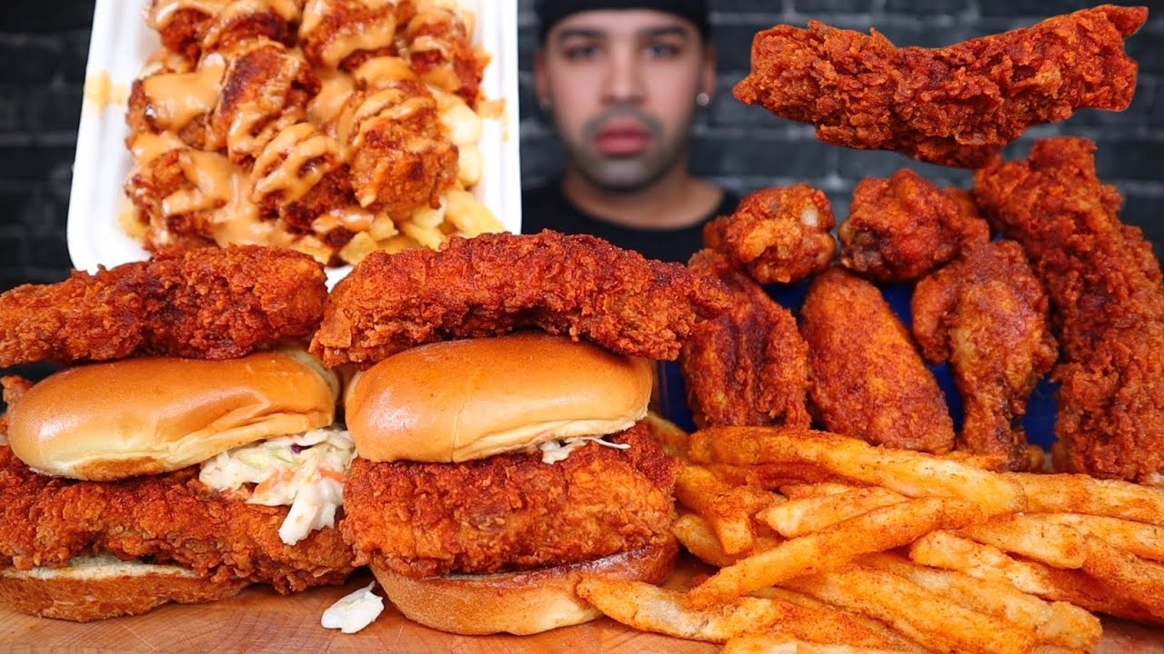 Nashville Hot Chicken Sandwiches, Hot Chicken Tenders, Wings, Hot Chicken Poutine & Fries  Mukbang