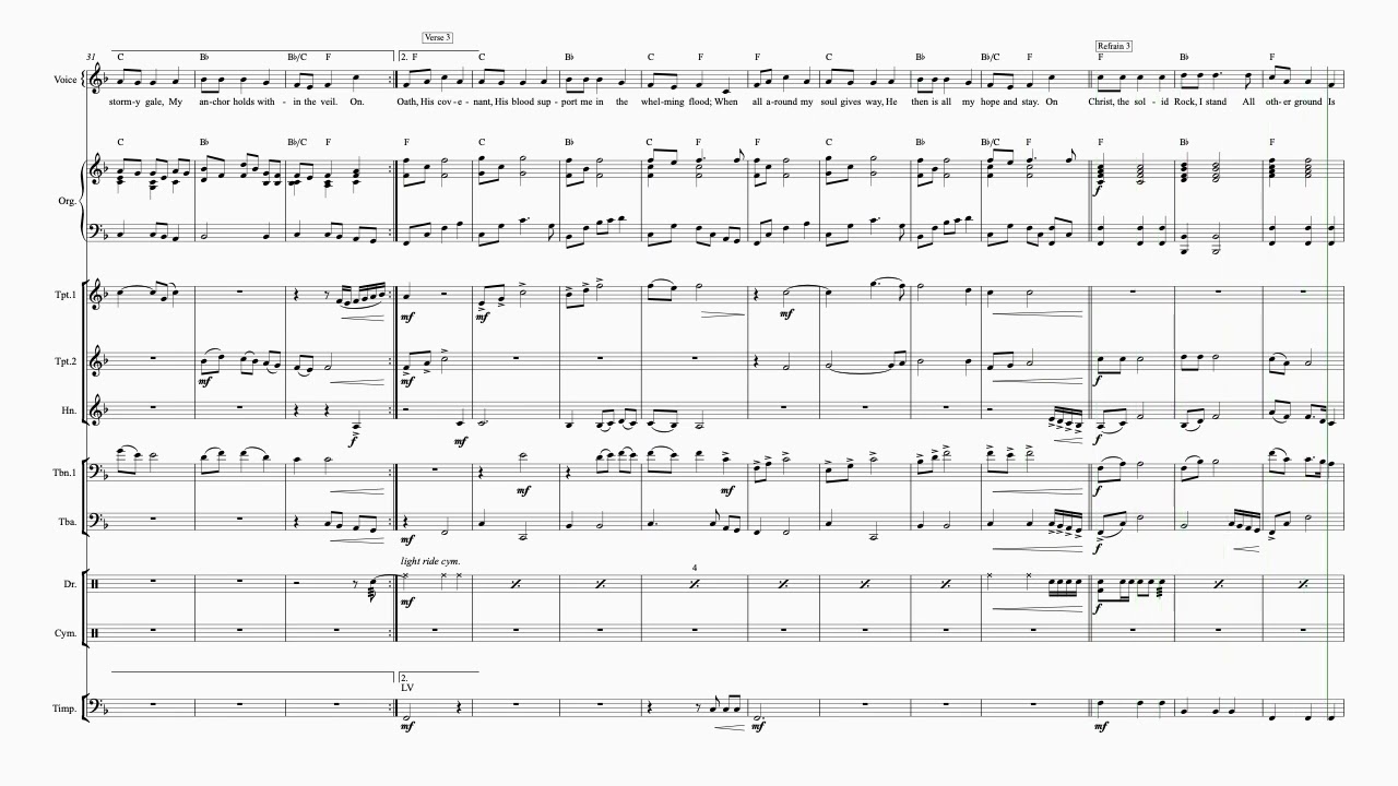 The Solid Rock (My Hope Is Built On) hymn arr. for cong., pia/org, brass quintet, & perc. key of F.