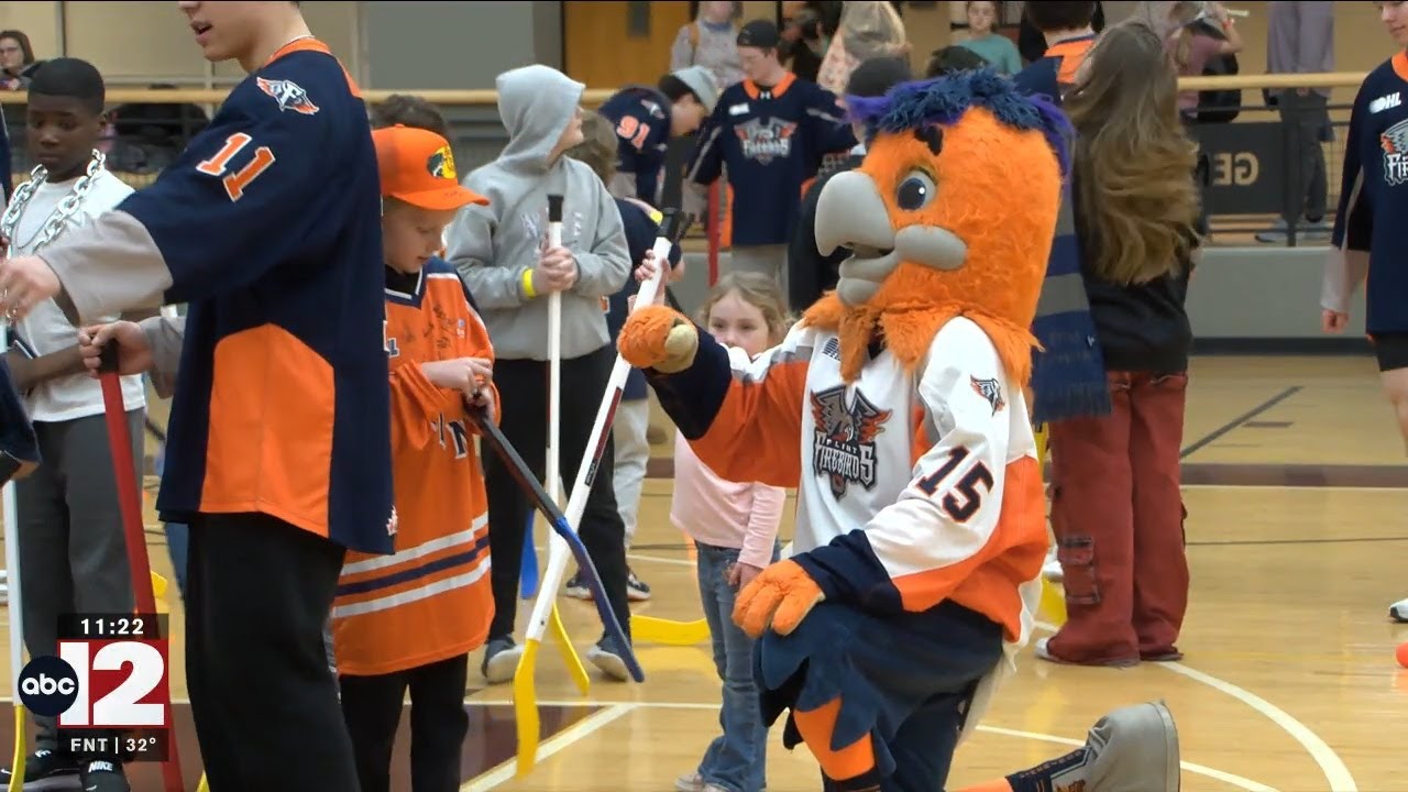 Команда Flint Firebirds проводит мастер-класс по флорхоккею для детей.