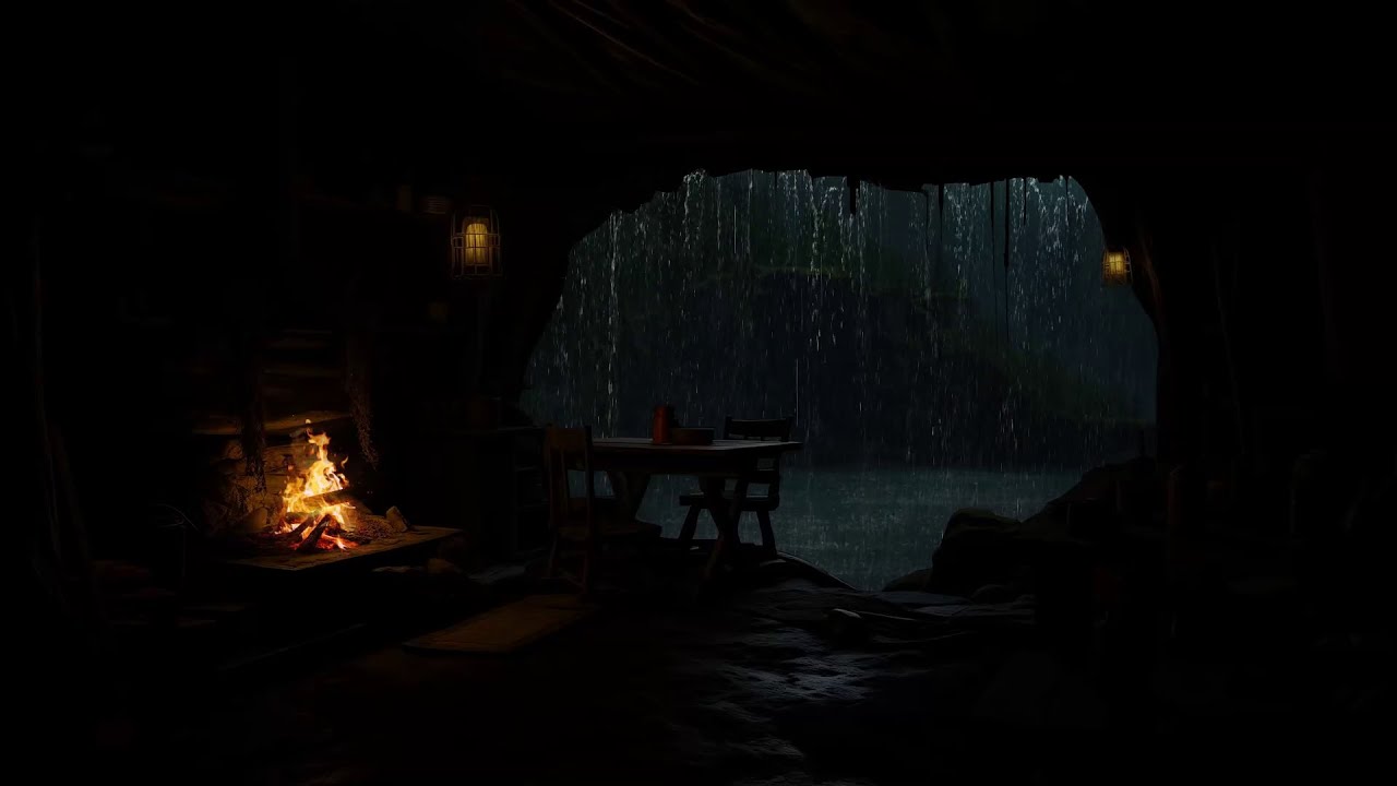 O Espaço Da Caverna É Aconchegante Com Chuva Na Floresta À Noite Para Dormir Bem E Relaxar