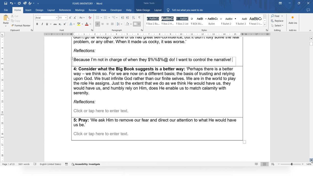 Fears Inventory by the book!