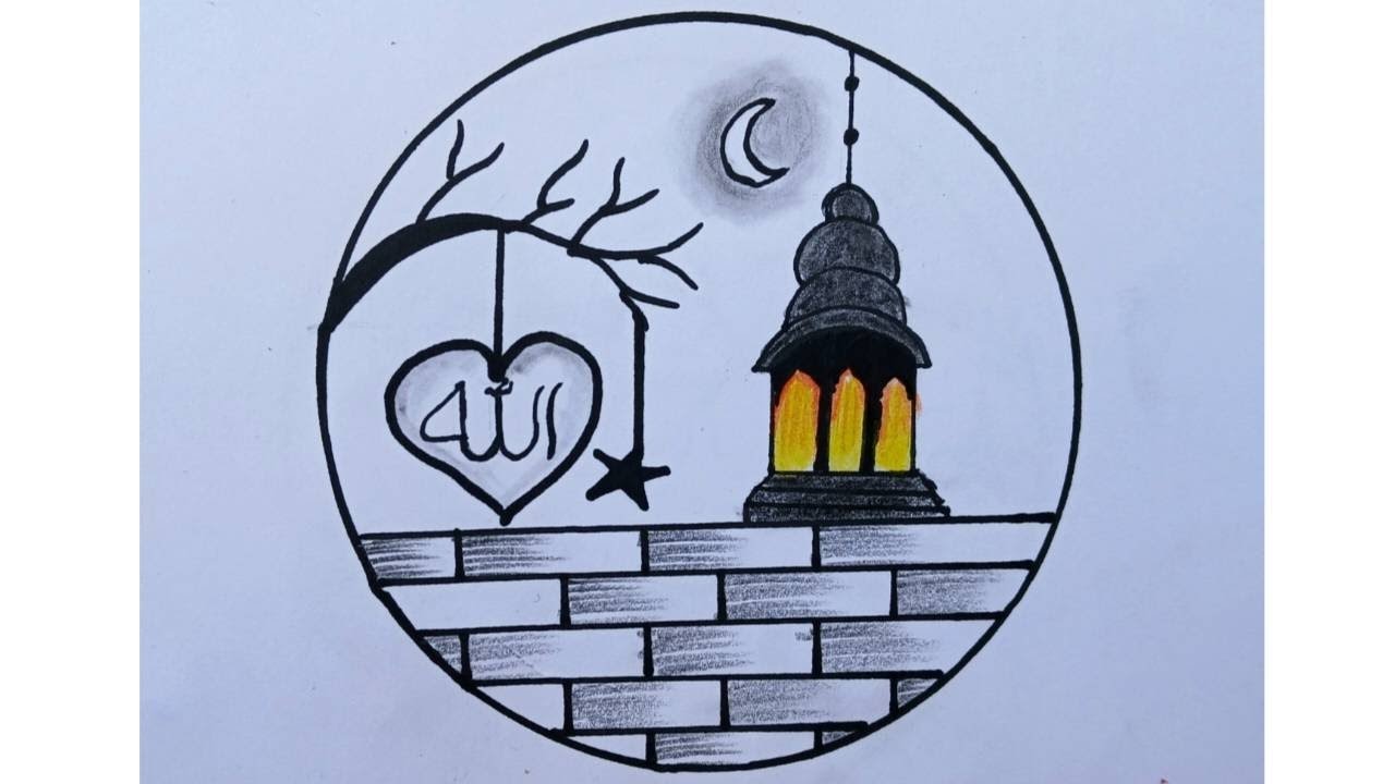 Ramzan Mubarak Drawing easy / Ramadan Kareem drawing tutorial / Moon and lantern drawing for Ramzan
