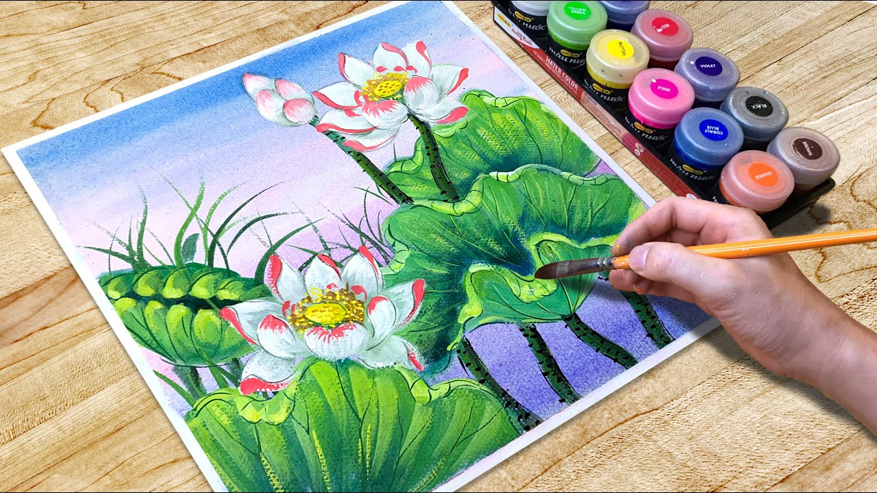 Vẽ  Tranh Phong Cảnh Bằng Màu Nước Thiên Long # 12 - Cách Vẽ Hoa Sen Đơn Giản | BT Art Drawing