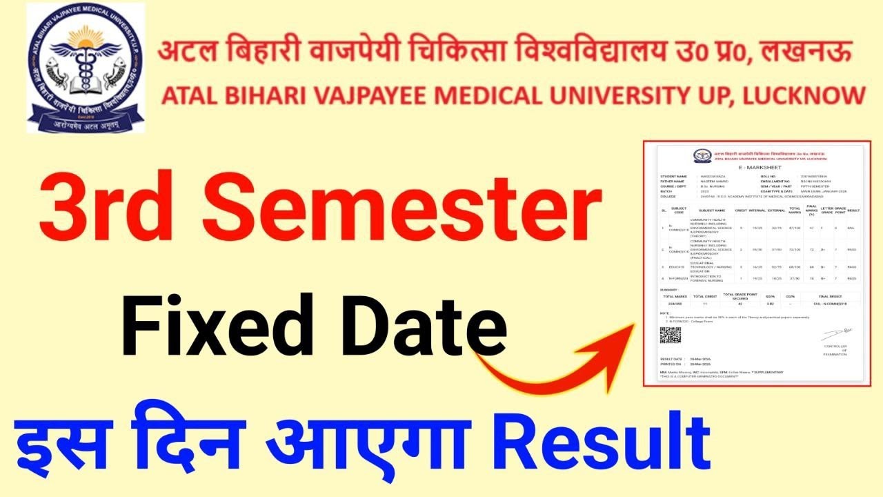 Abvmu Bsc Nursing 3rd semester Result 2026 kab aayega  up Bsc Nursing semester Result 2026