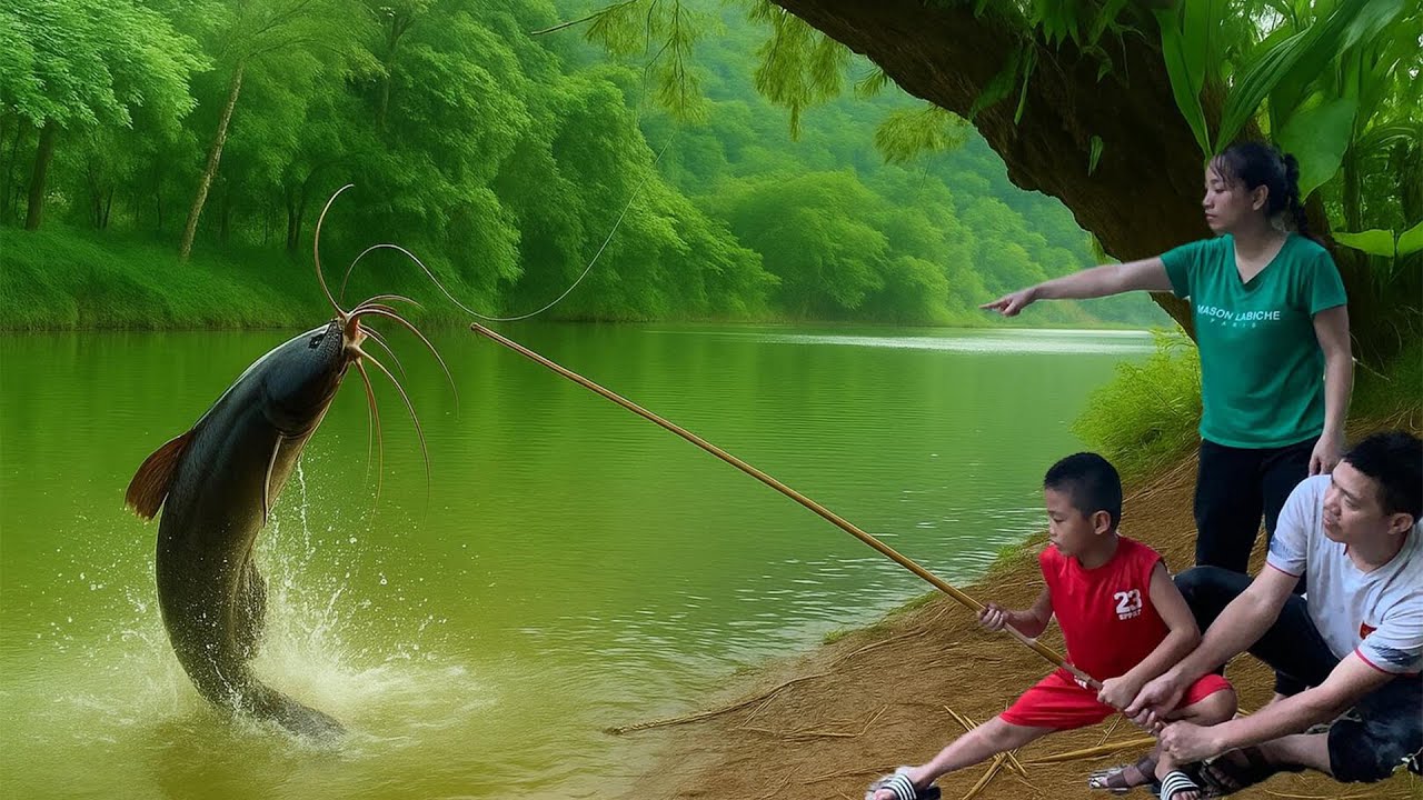 Big fish fishing skills – the boy and his parents, despite being separated, go fishing together