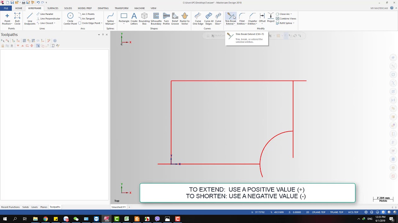 Mastercam for beginner: Extend and Shorten an entity