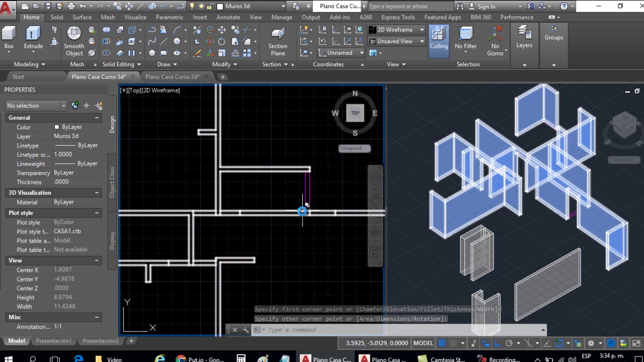 Curso AutoCAD 3D: Dibujar Plano de Casa en 3D - Parte 2: Dibujo de Muros Extrude, Presspull