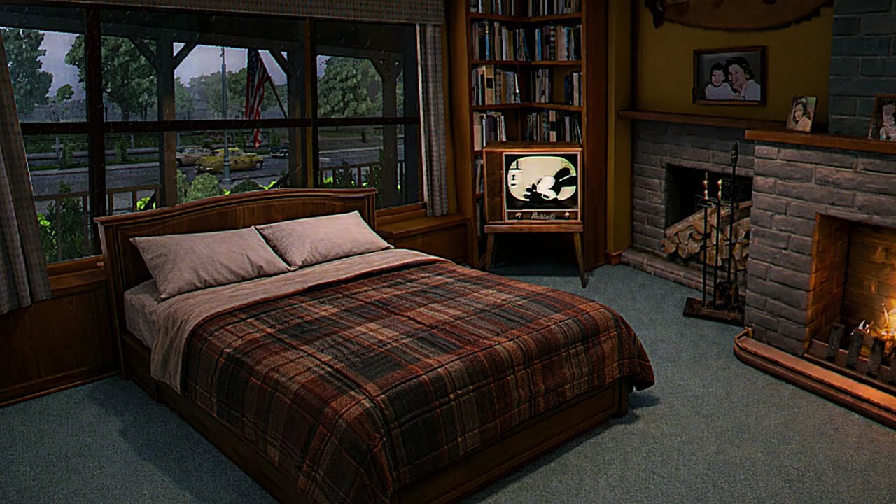 It's 1950s. Oldies Playing In Another Room | Rain & Fireplace Ambience