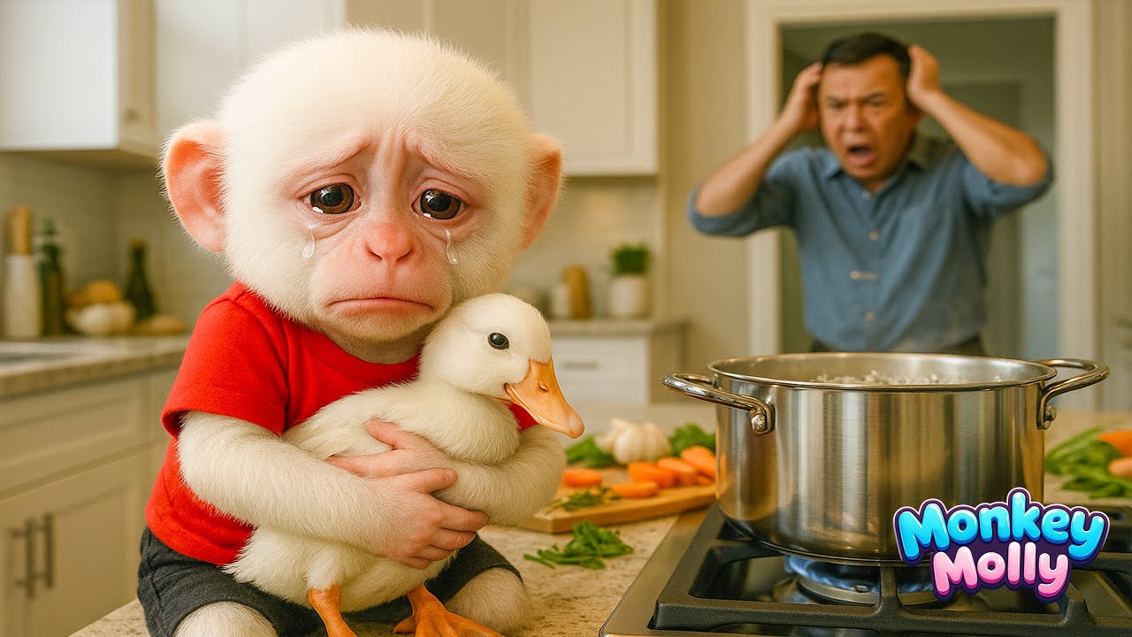Monkey Molly is very sad when dad wants to cook the poor duck