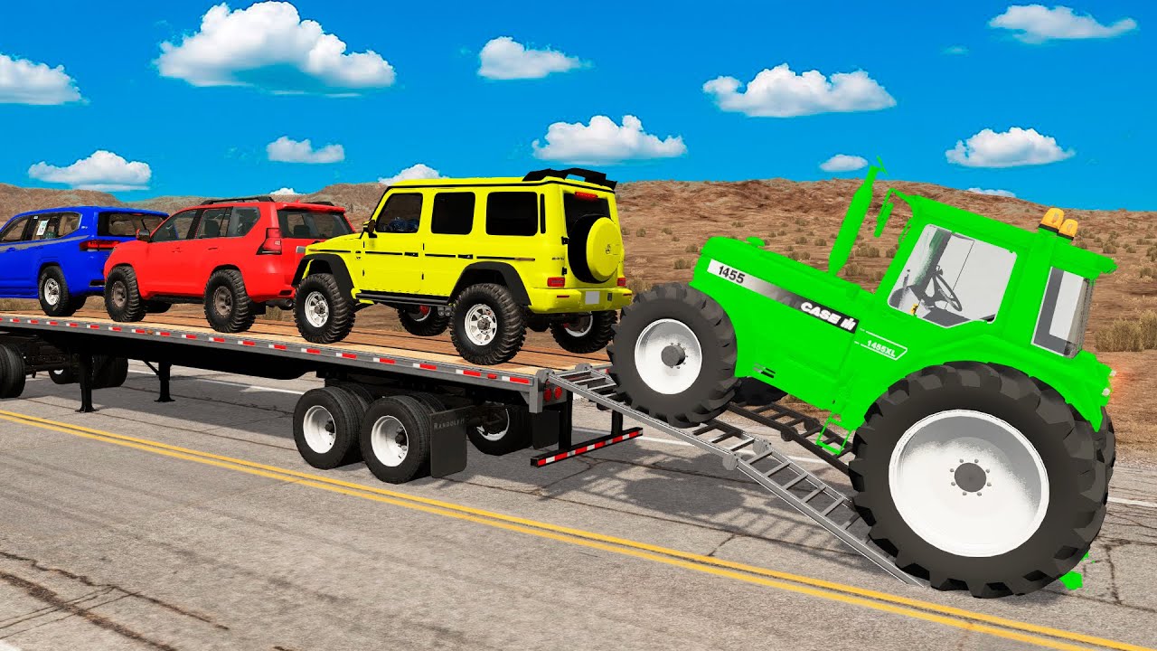 TRANSPORTING PIXAR CARS & FRUITS WITH COLORED & JOHN DEERE vs CLAAS vs TRACTORS - BeamNG.drive #983