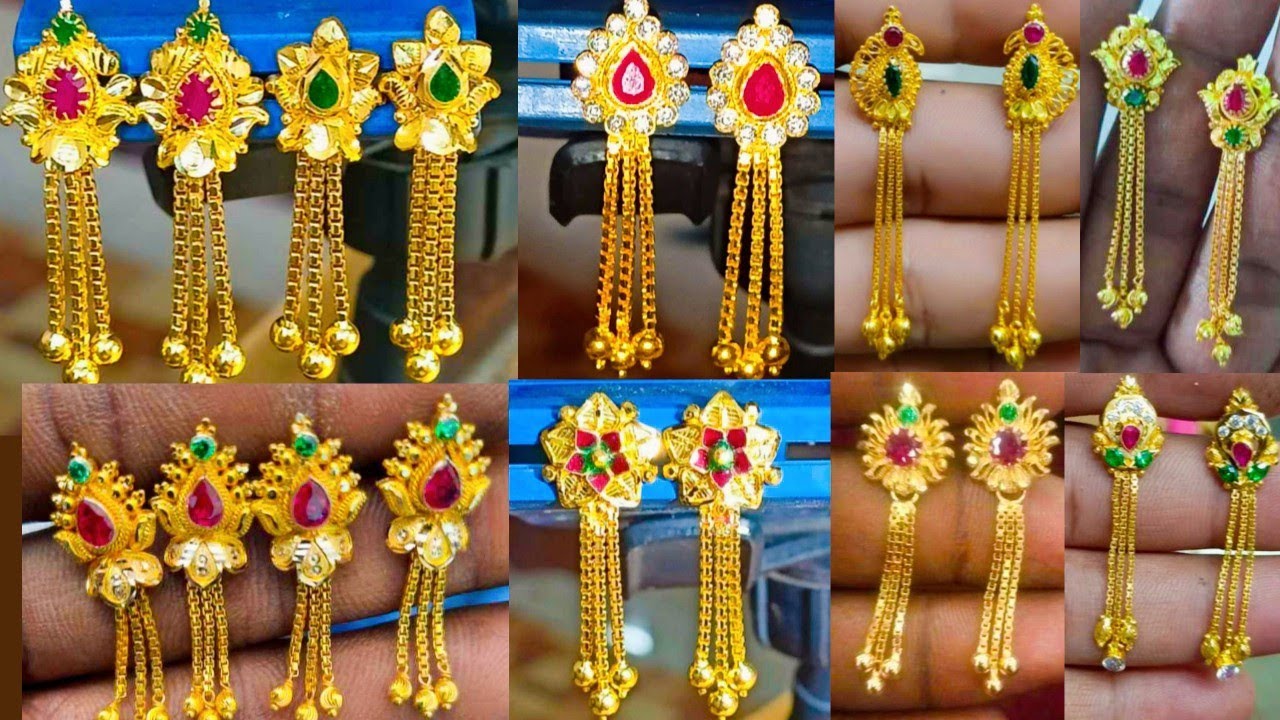 Latest gold daily wear earrings designs | hanging jhumka designs