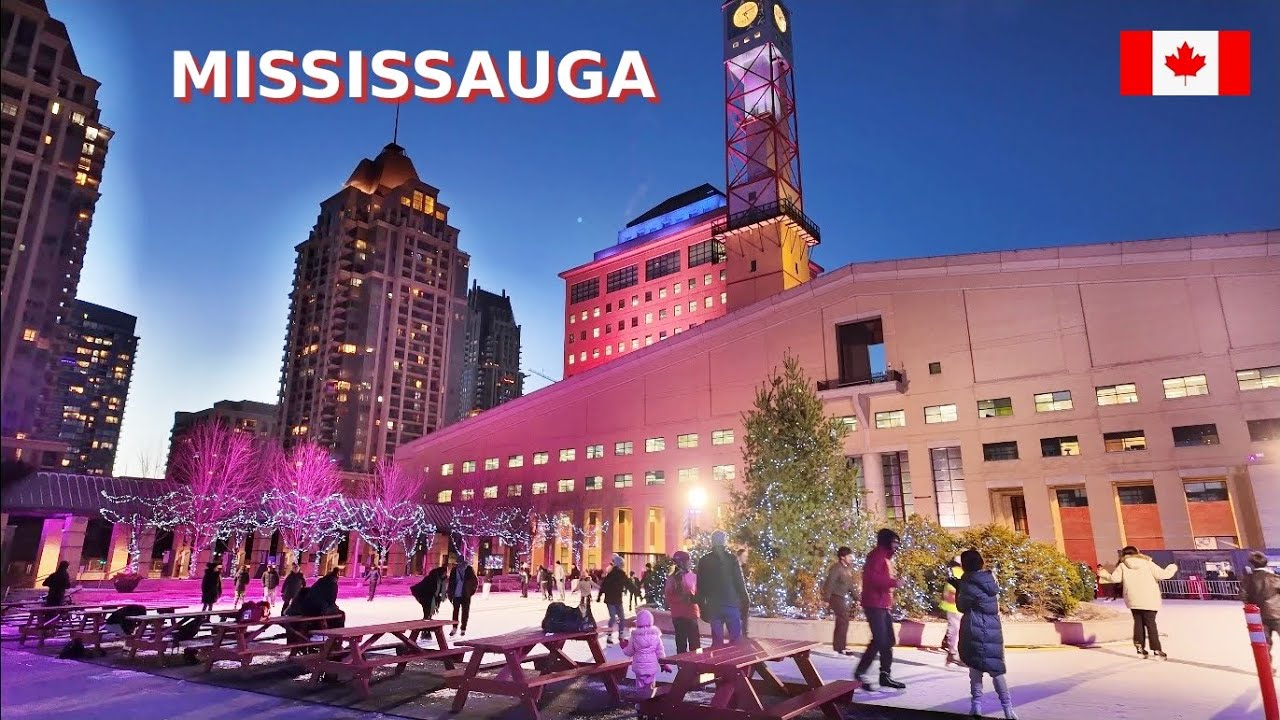 MISSISSAUGA Downtown Winter Walking Tour at Night | 4K