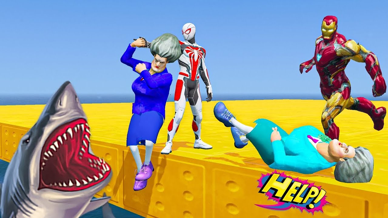 Scary Teacher 3D: Iron Man & White Spiderman vs Evil Colorful Miss T – Shark Pranks & Funny Attacks!