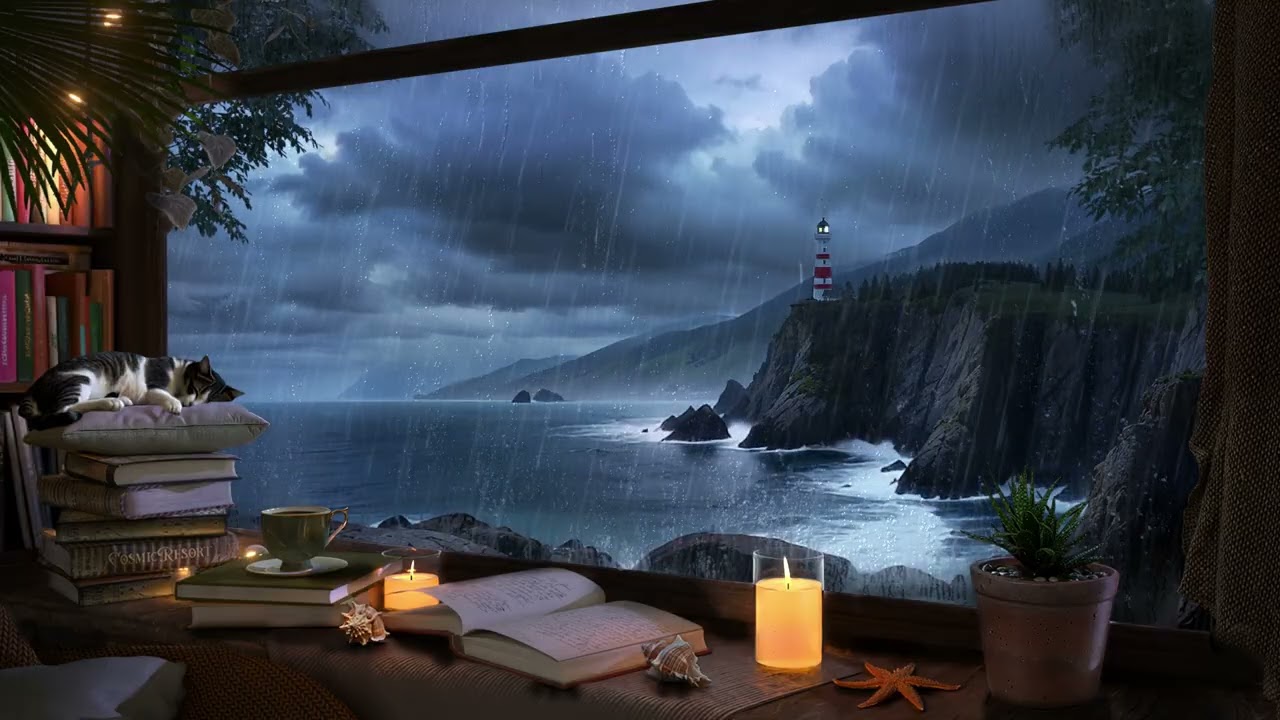 Cozy Lighthouse Cliff Rain Ambience 🌧️ Study Room with Thunder Sounds for Focus & Relaxation