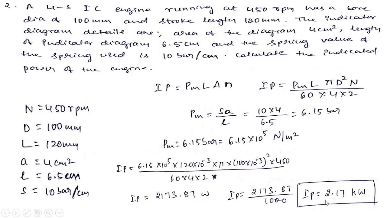 I C Engine Numericals, Calculation of Indicated Power