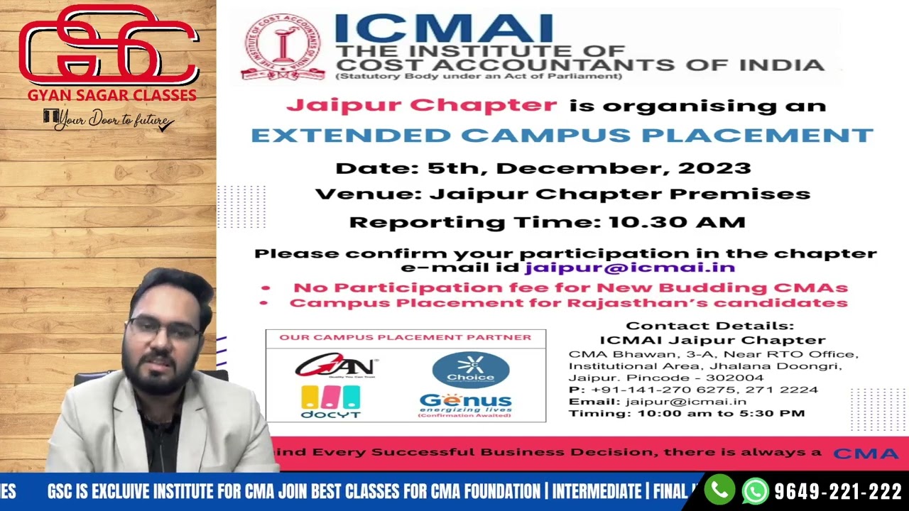 CMA PLACEMENT OPPORTUNITY FOR RAJASTHAN CANDIDATES | JAIPUR CHAPTER | CMA AKSHAY SEN