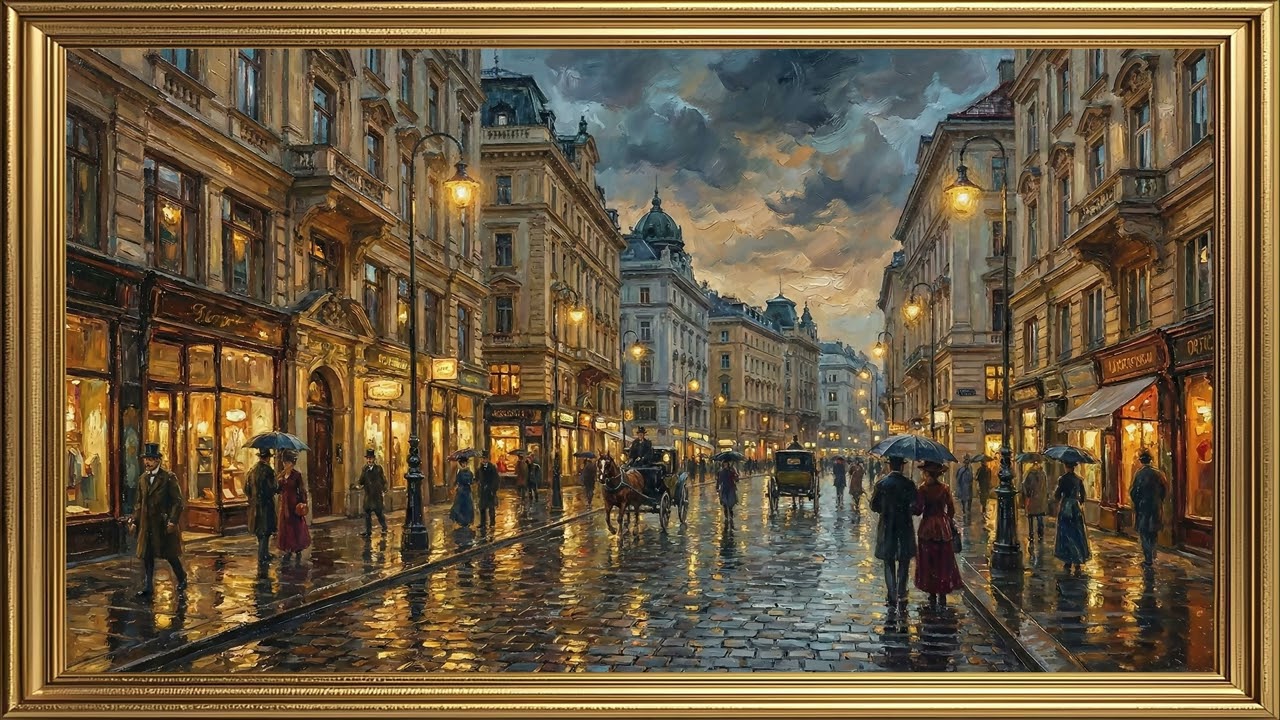 Rainy Vienna Evening Street Painting | Cinematic Oil Art Ambience – 4K Silent Art Screensaver Loop