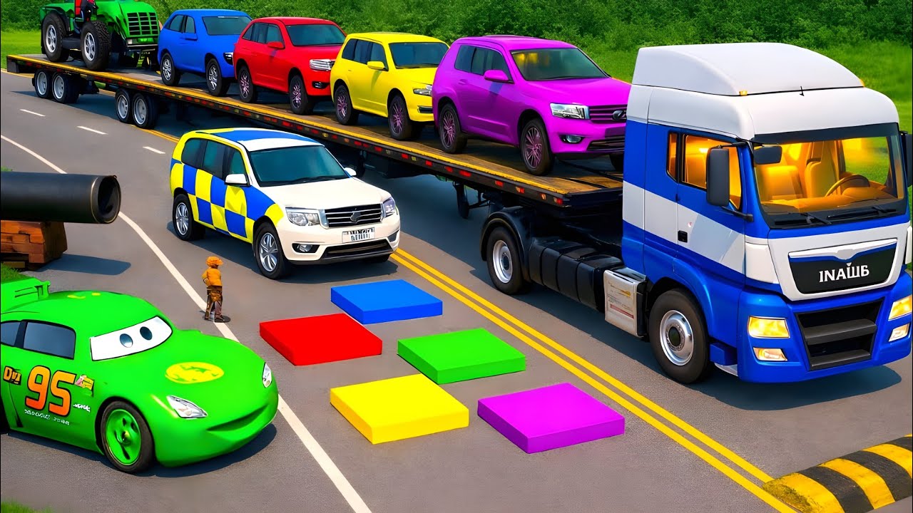 Double Flatbed Trailer McQueen with Trucks - Speedbumps vs Cars vs Train - BeamNG.Drive  0010