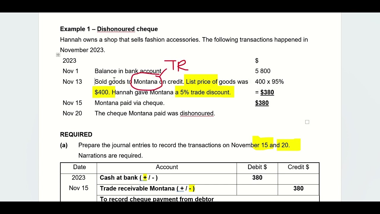 Recording Dishonoured Cheque in Cash at Bank