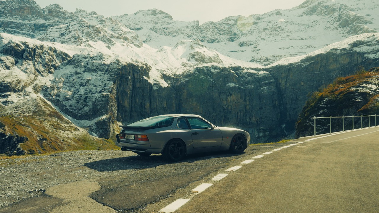 going for a drive in the snow-covered mountains with my Porsche 944